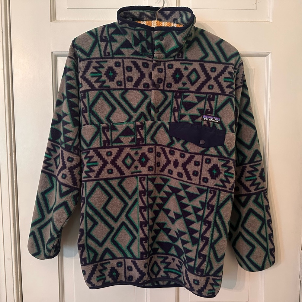 SOLD Patagonia Blue Grey Geometric Pattern Synchilla Fleece Sweater Snap-T Rare